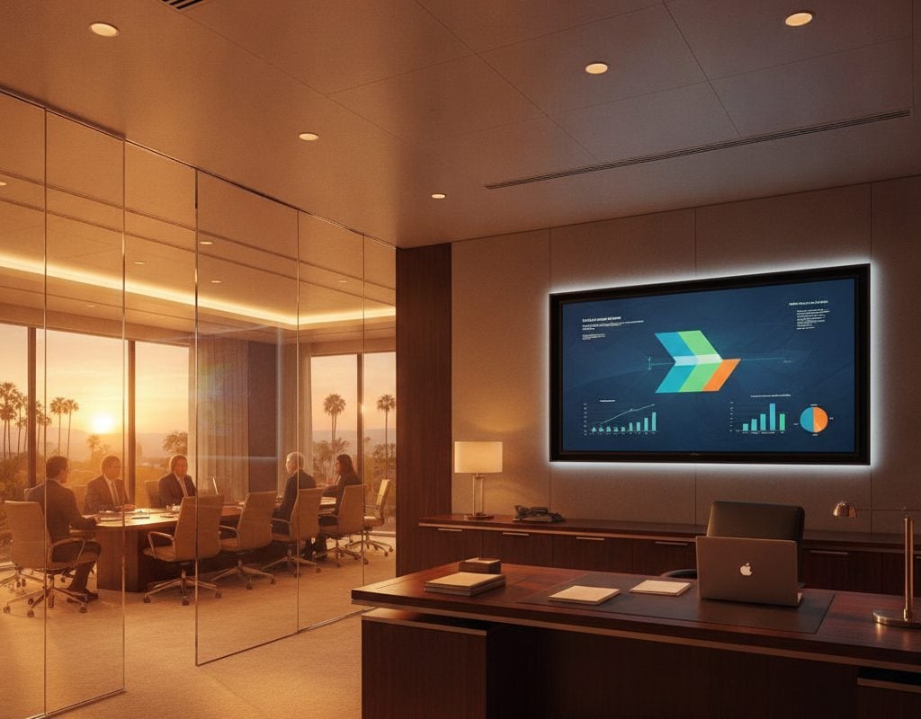 Conference room screens fully visible from inside a Beverly Hills office treated with nano cloaking film