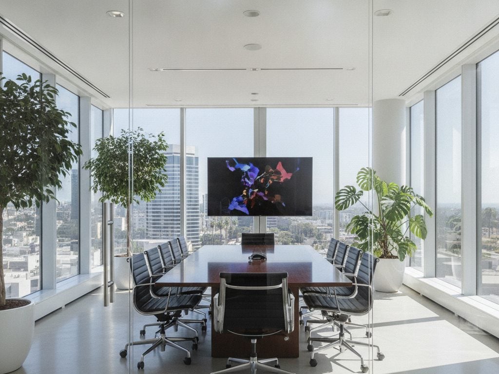 Clear glass conference room wall in a Beverly Hills office before privacy film