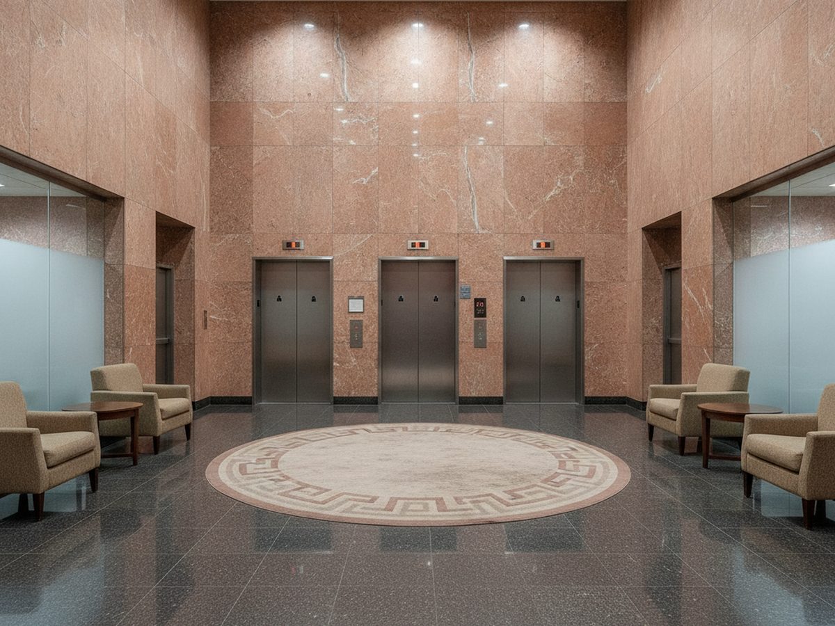 Worn reception desk in a Brentwood, TN office before 3M DI-NOC architectural film