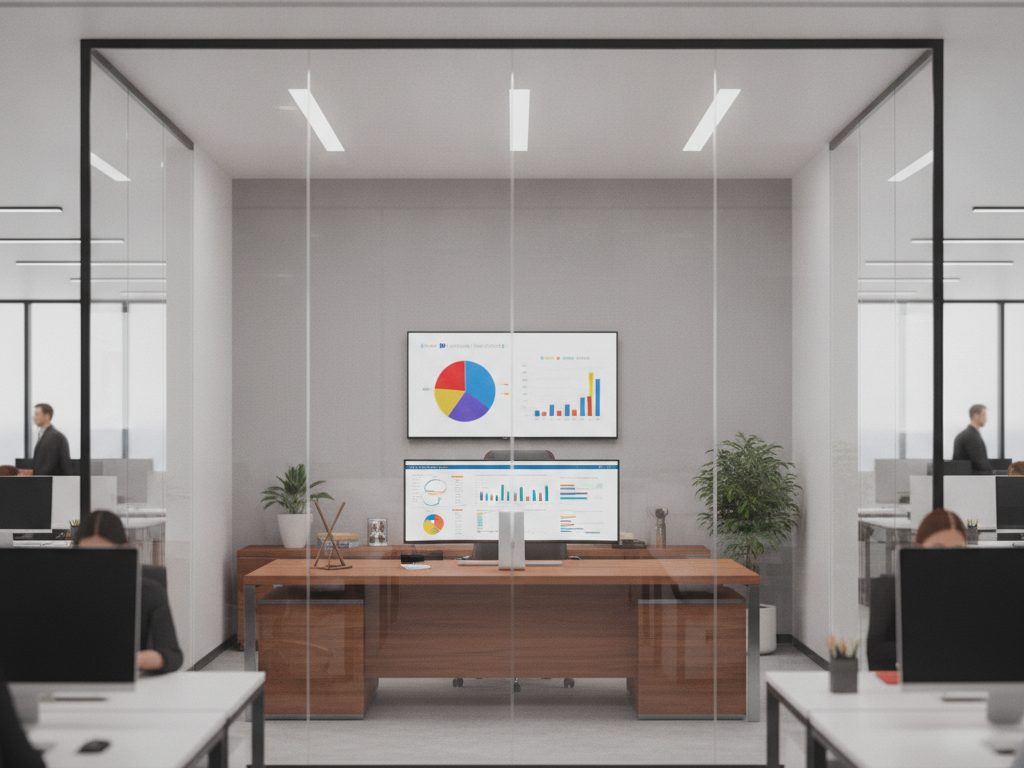 Before: screens inside a glass-walled office are readable from outside