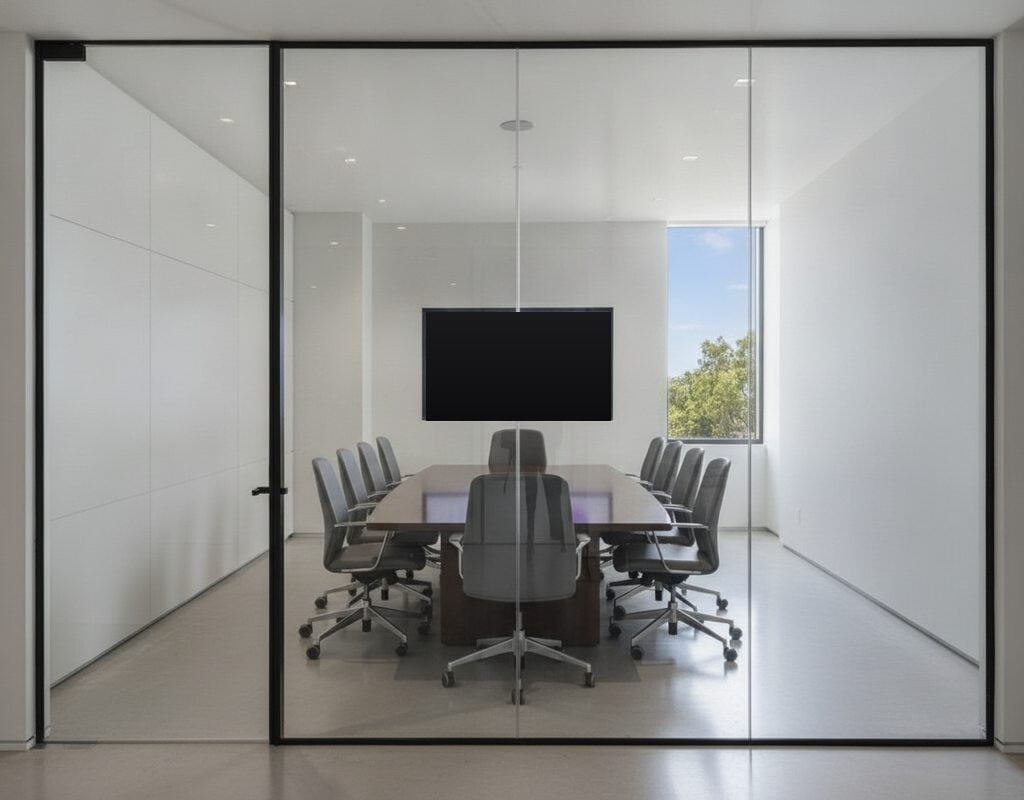 Nano cloaking film making office monitors look dark from a corridor in Brentwood, Tennessee