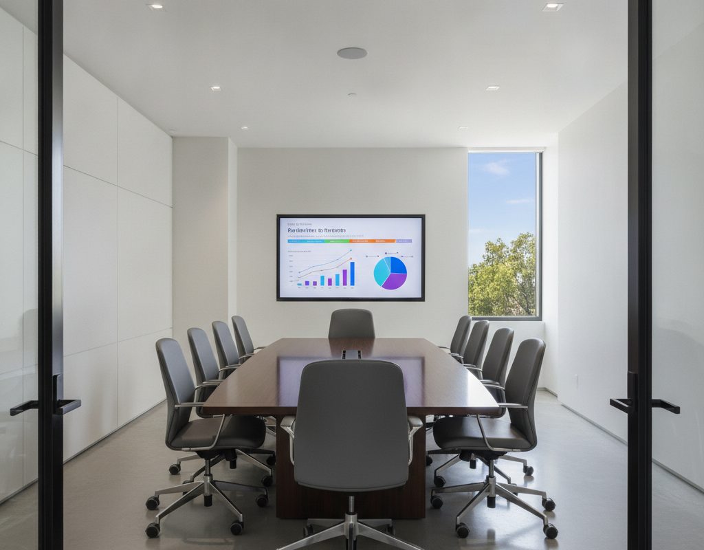 Monitors readable inside a Brentwood, Tennessee boardroom treated with nano cloaking film