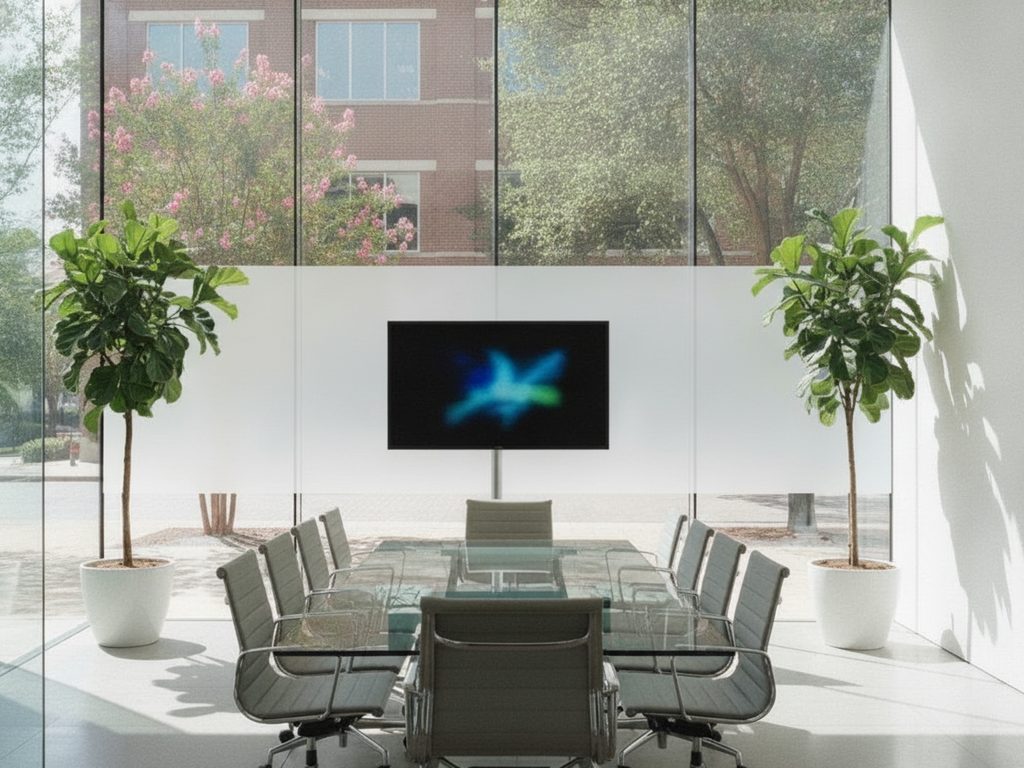 Frosted band privacy film on a glass meeting room in a Brentwood, Tennessee office