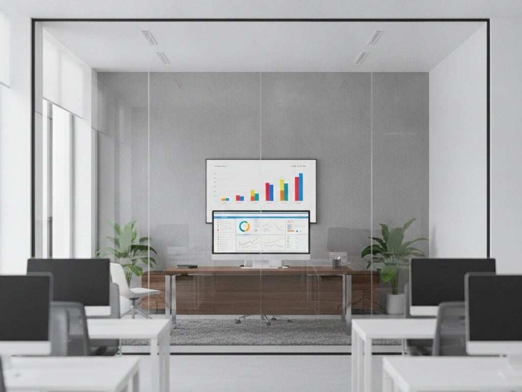 Before: screens inside a glass-walled office are readable from outside