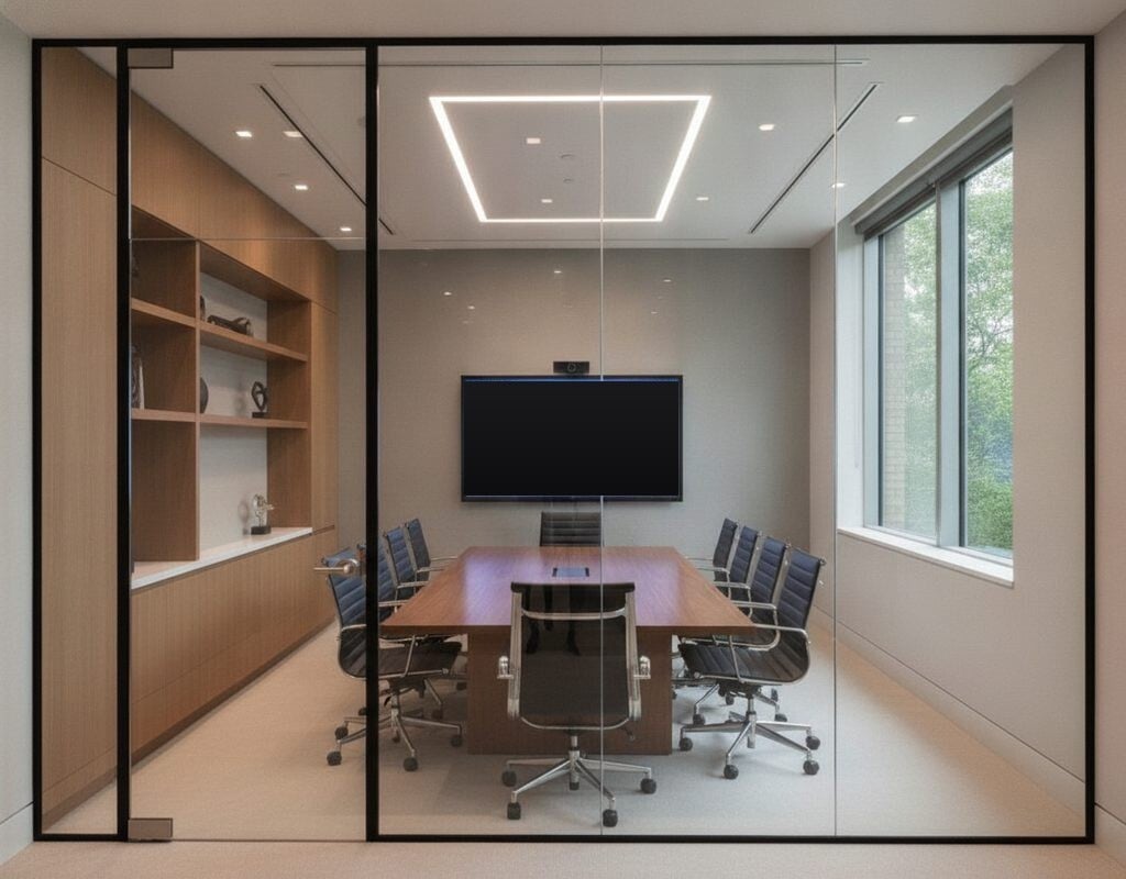 Nano cloaking film turning office monitors black when seen from a hallway in Forest Hills, Michigan