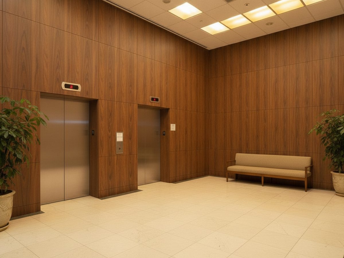 Reception desk in an Irvine, CA office refinished with 3M DI-NOC wood-grain film