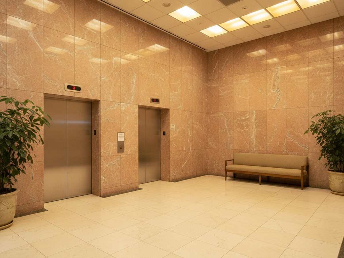 Dated reception desk in an Irvine, CA office before 3M DI-NOC architectural film
