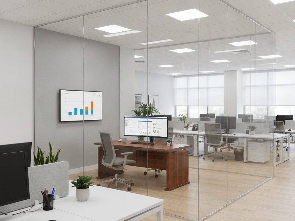 Before: screens inside a glass-walled office are readable from outside
