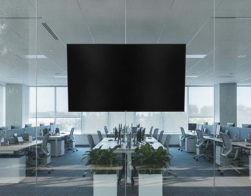 Nano cloaking film making lab monitors look dark from a hallway in Irvine, California