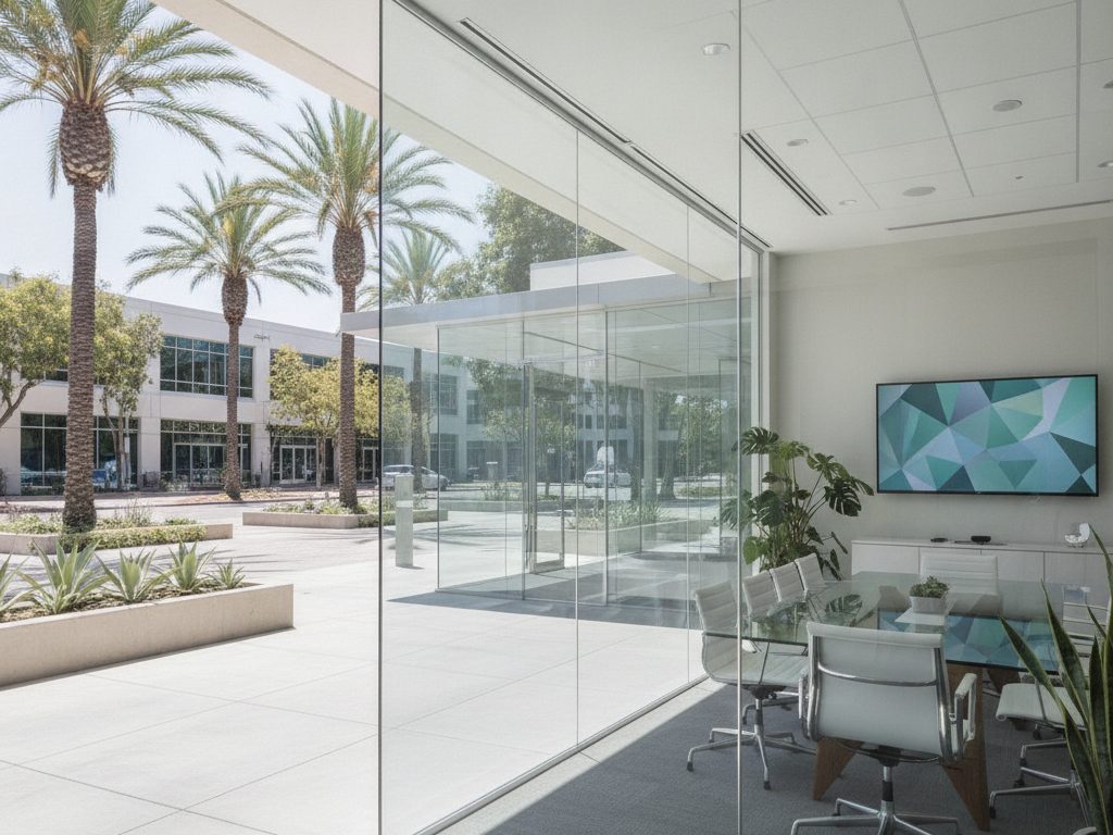 Clear glass partition in an Irvine, California outpatient clinic before privacy film
