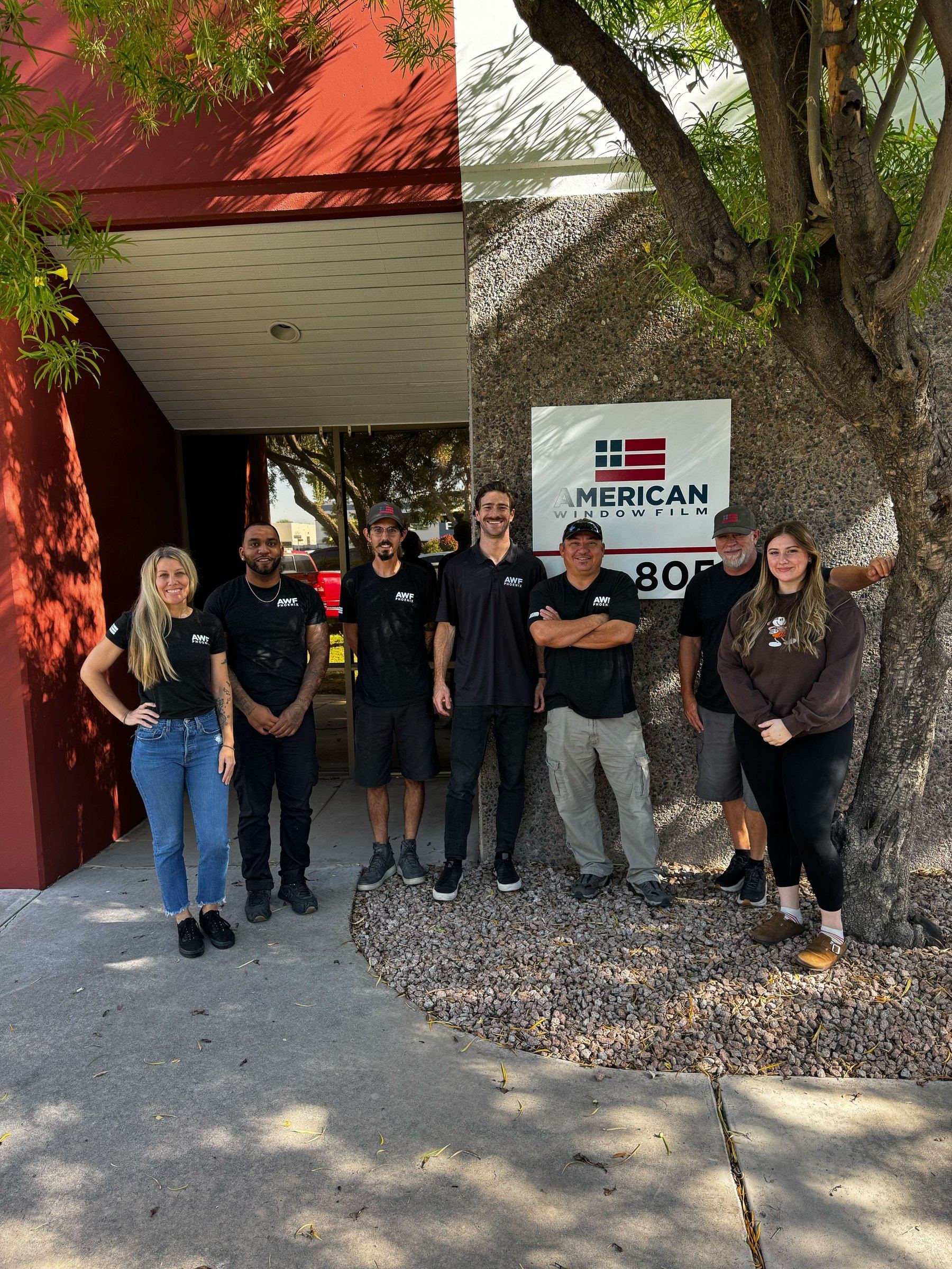 The American Window Film Phoenix team in front of the AWF office on N 24th Avenue — local crew serving hotels across the Valley of the Sun