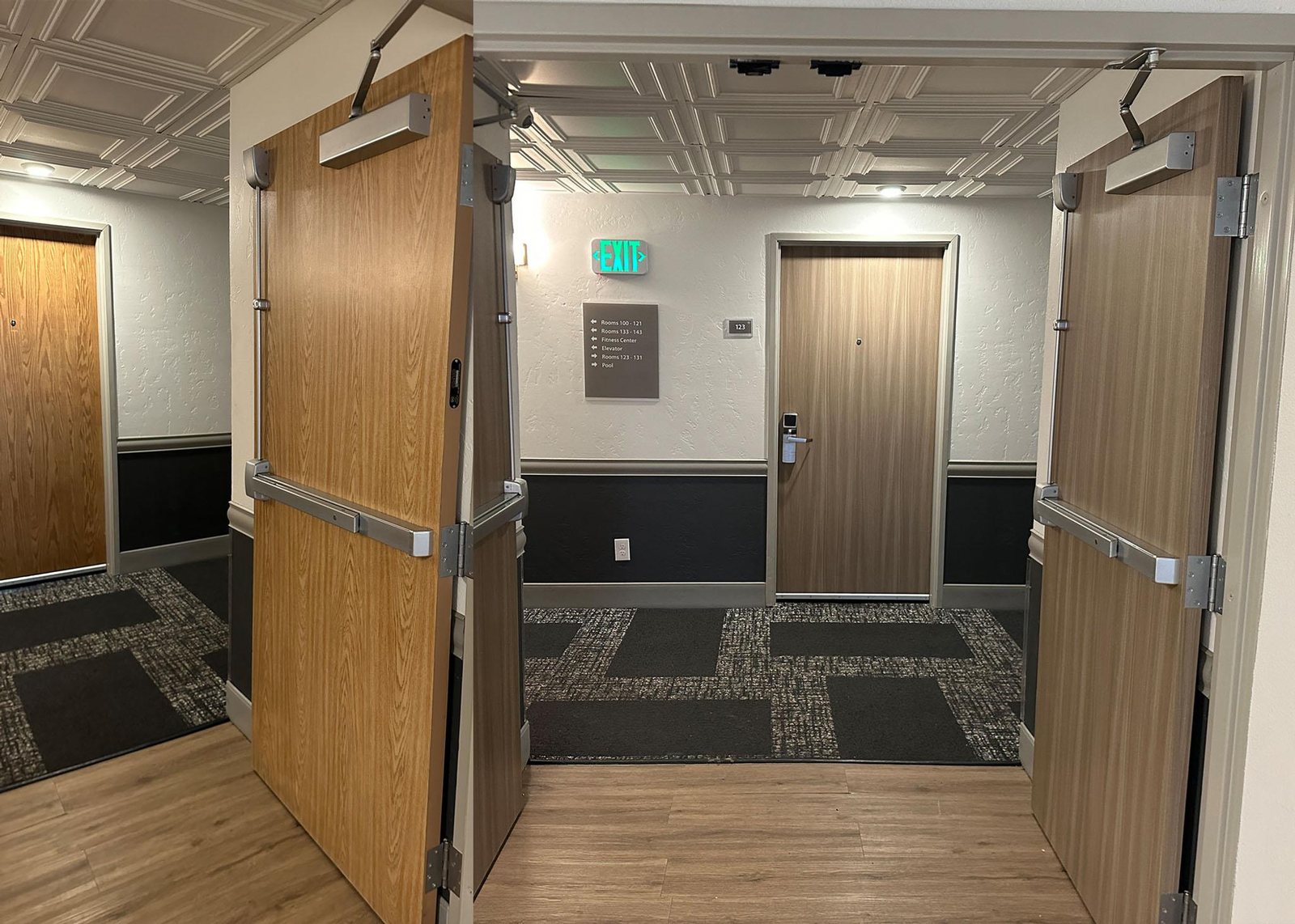 Hotel corridor with DI-NOC wood-grain refresh on guestroom doors