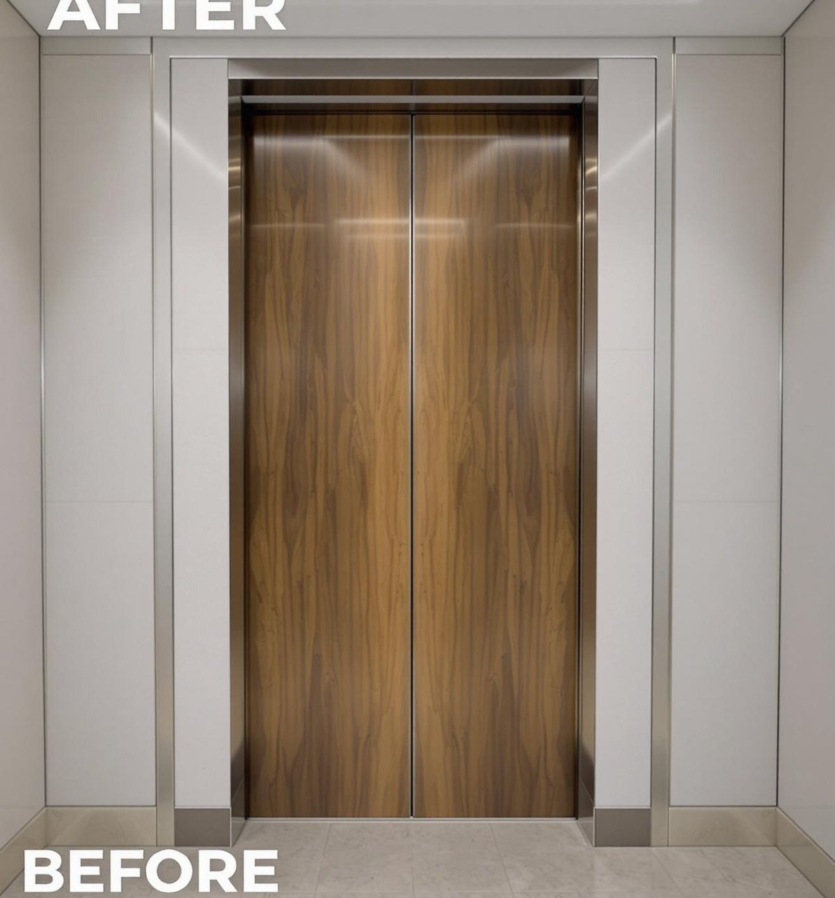 Hotel elevator cab interior refreshed with DI-NOC walnut wood-grain
