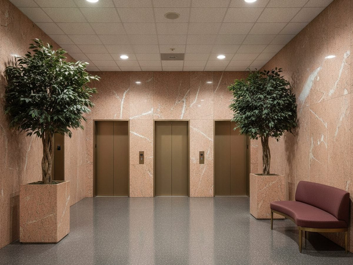 Dated reception wall panels before 3M DI-NOC architectural film in Plano, TX