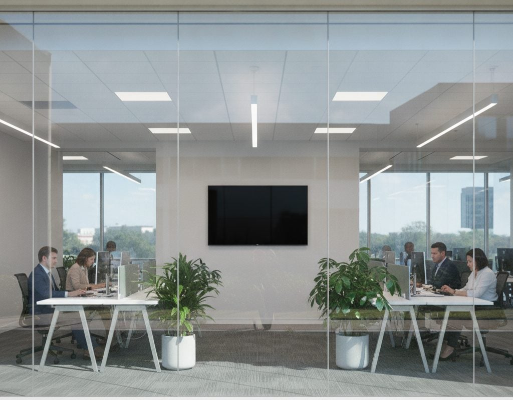 Nano cloaking film making office monitors look black from a hallway in Plano, Texas