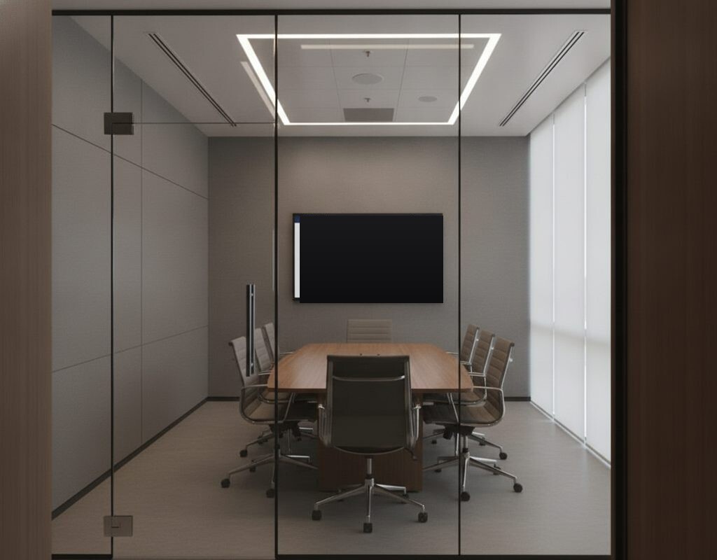 Nano cloaking film making office monitors look black from a hallway in Plano, Texas