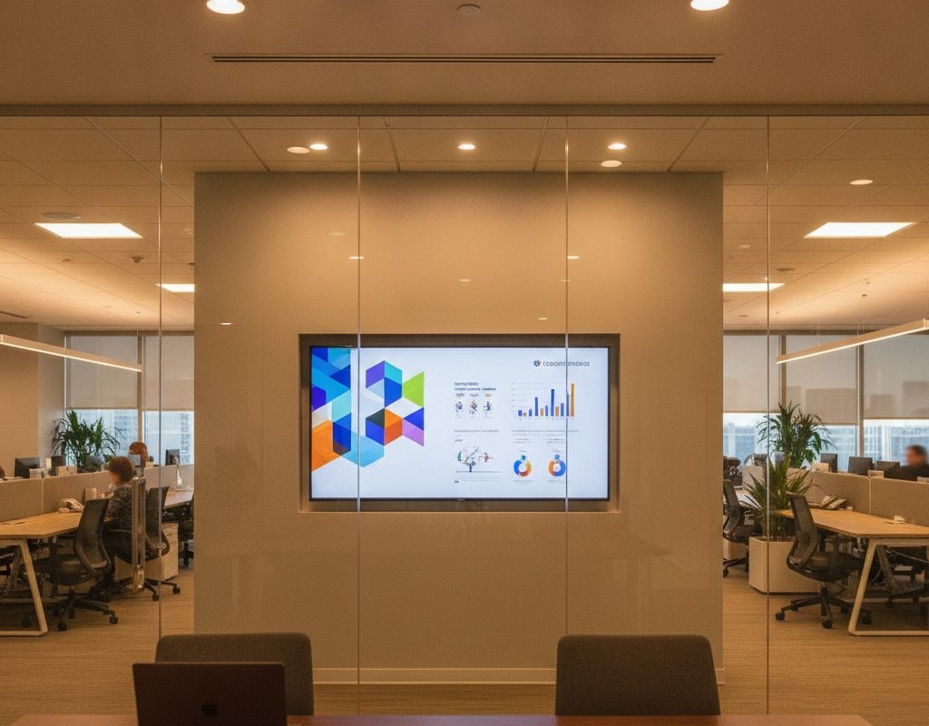 Office monitors fully visible inside a Plano, Texas room treated with nano cloaking film