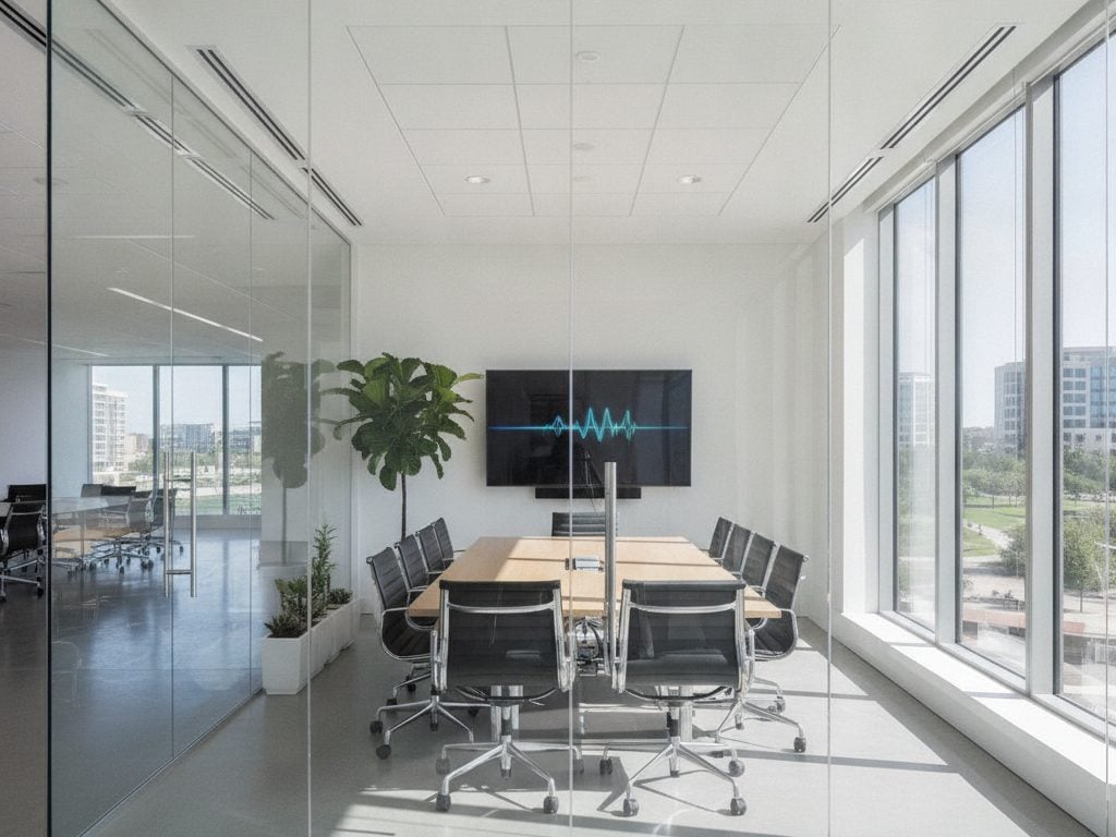 Clear glass exam room partition in a Plano, Texas medical office before privacy film