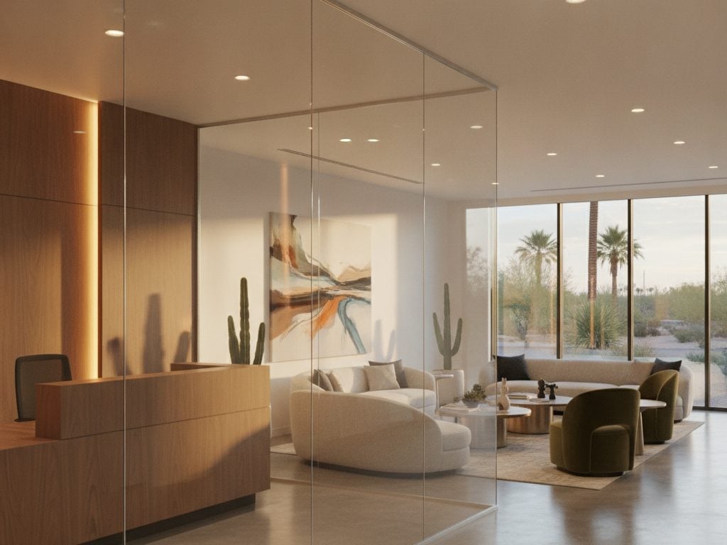 Clear glass private offices in a Tempe, Arizona bank branch before decorative film