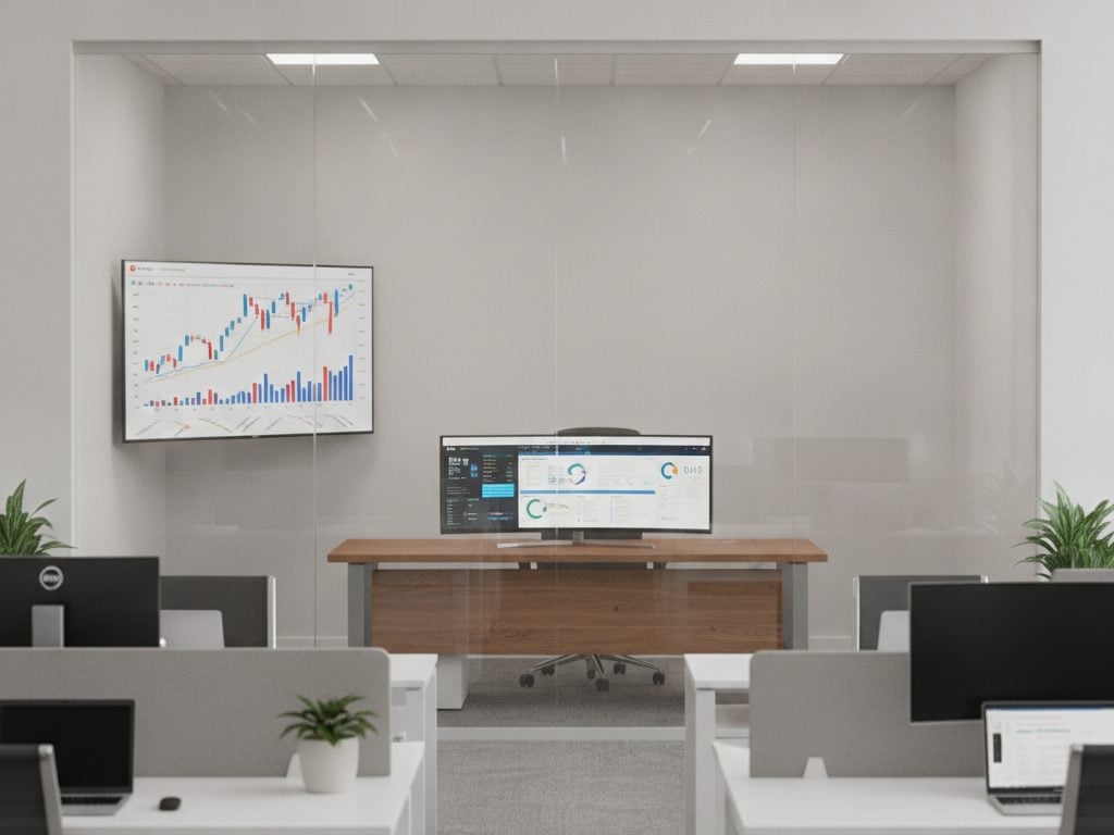 Before: screens inside a glass-walled office are readable from outside