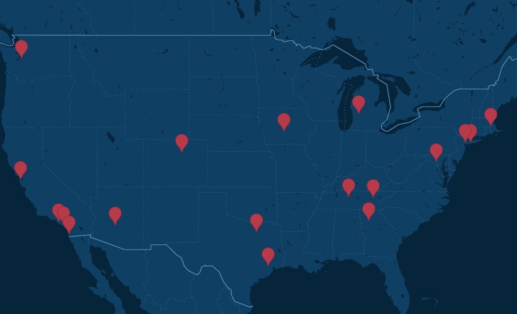 Map of American Window Film's 18 office locations across the United States
