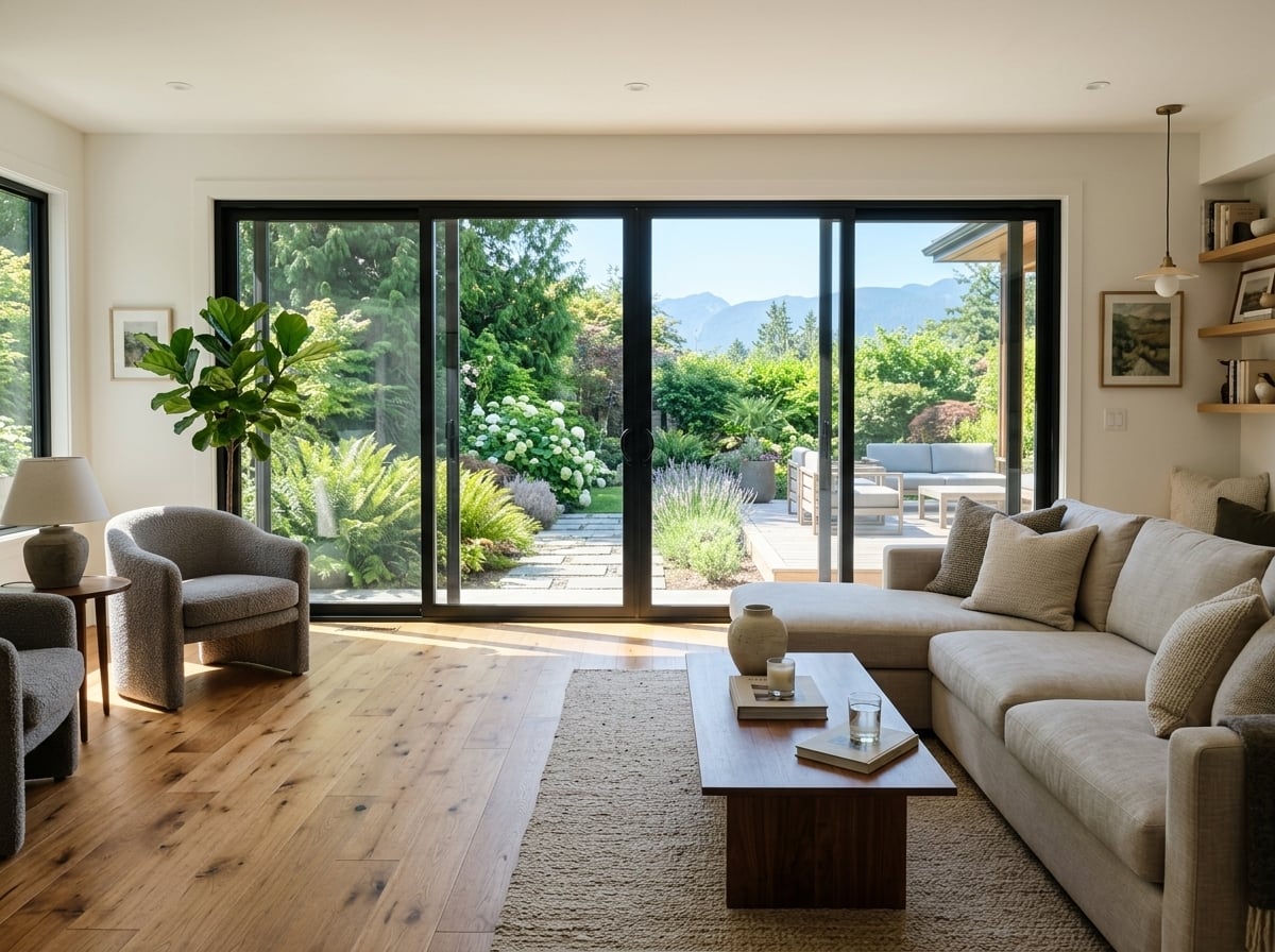 Beautiful home interior with bright natural daylight and heat blocking window film on patio doors