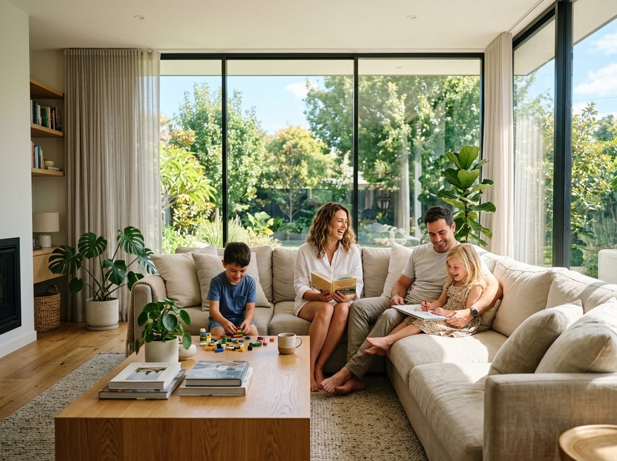 Homeowner enjoying comfortable living room temperatures near large sunlit windows