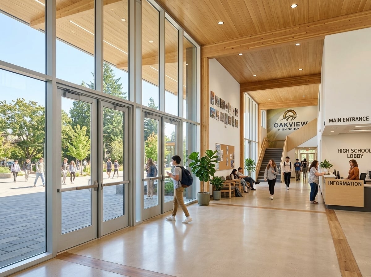 Modern school glass entrance doors reinforced with security window film for physical forced entry delay