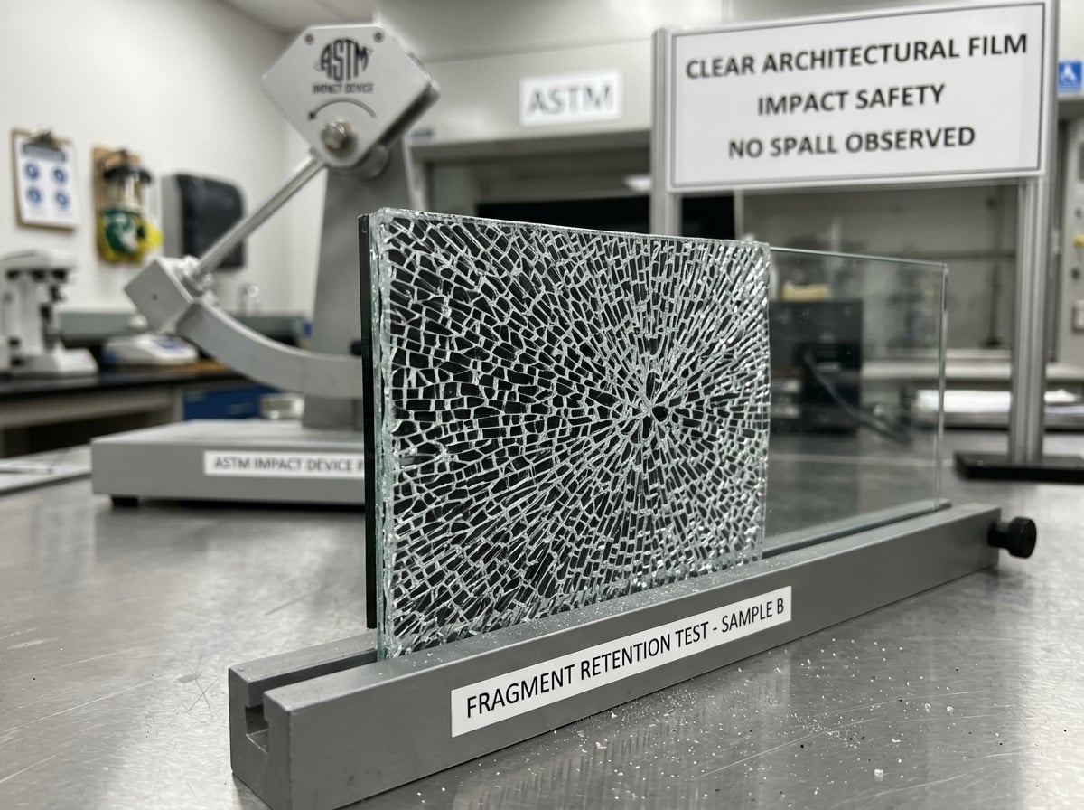 Clear commercial security window film preventing dangerous interior glass spall fragments