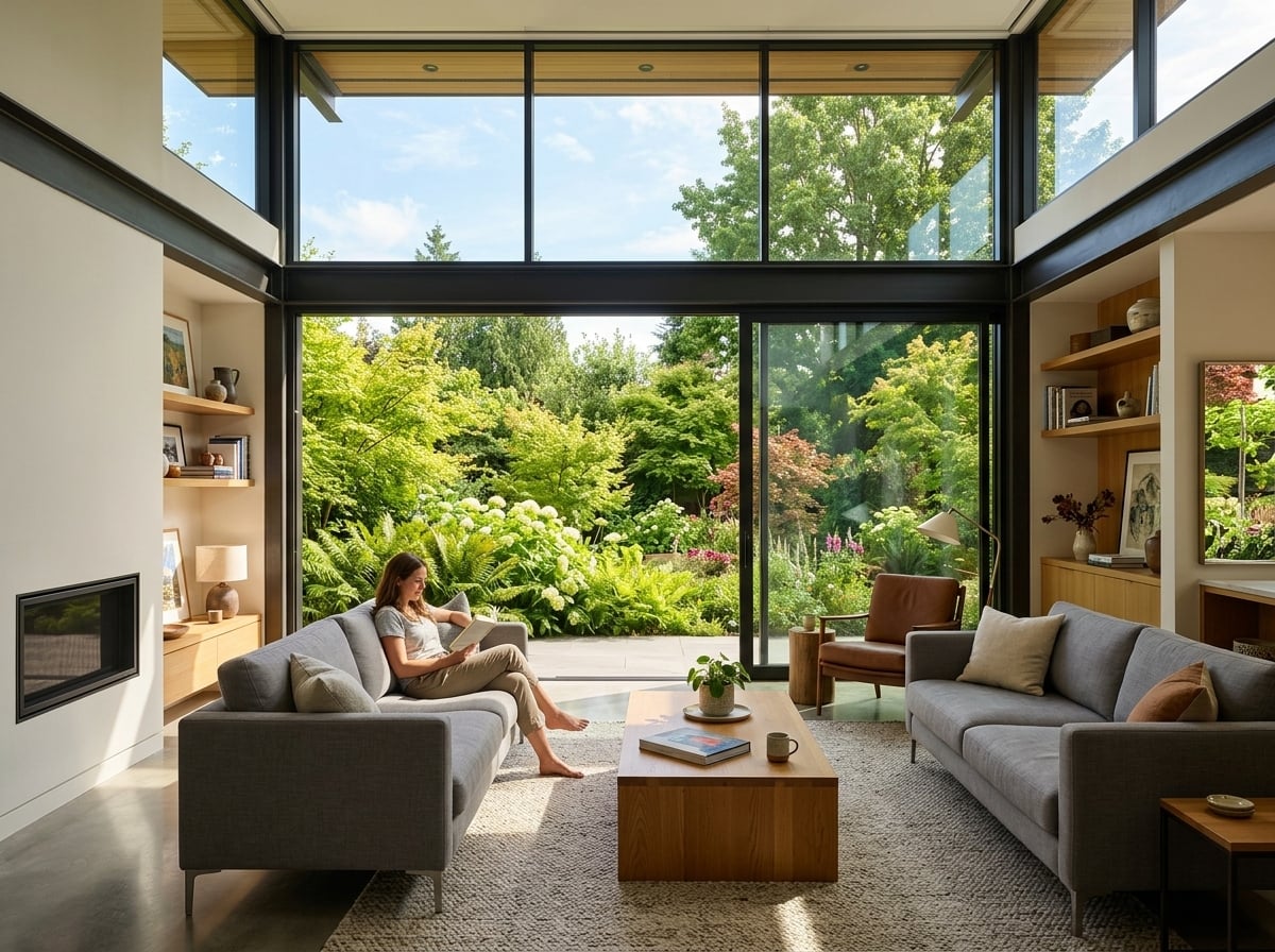 Beautiful modern home living room with crystal clear double pane windows protected by ceramic window film