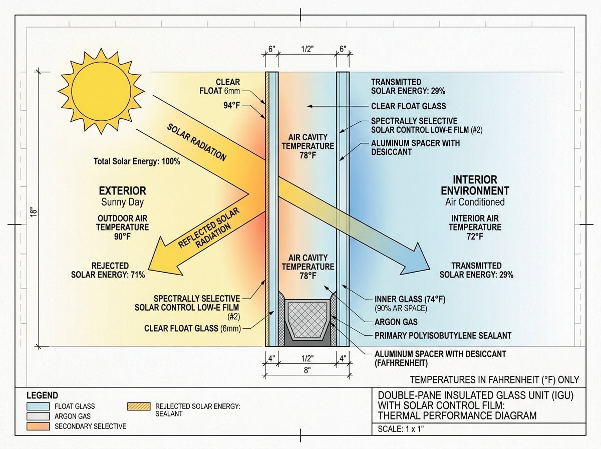 Architectural diagram demonstrating even heat reflection on double pane insulated glass unit with window film