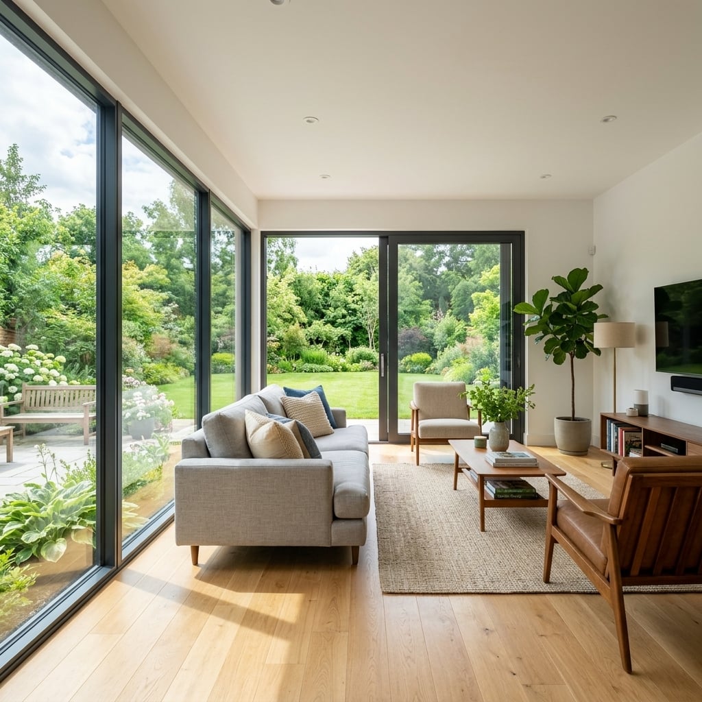 Modern residential living room with clear non reflective ceramic window film maintaining clear glass views.