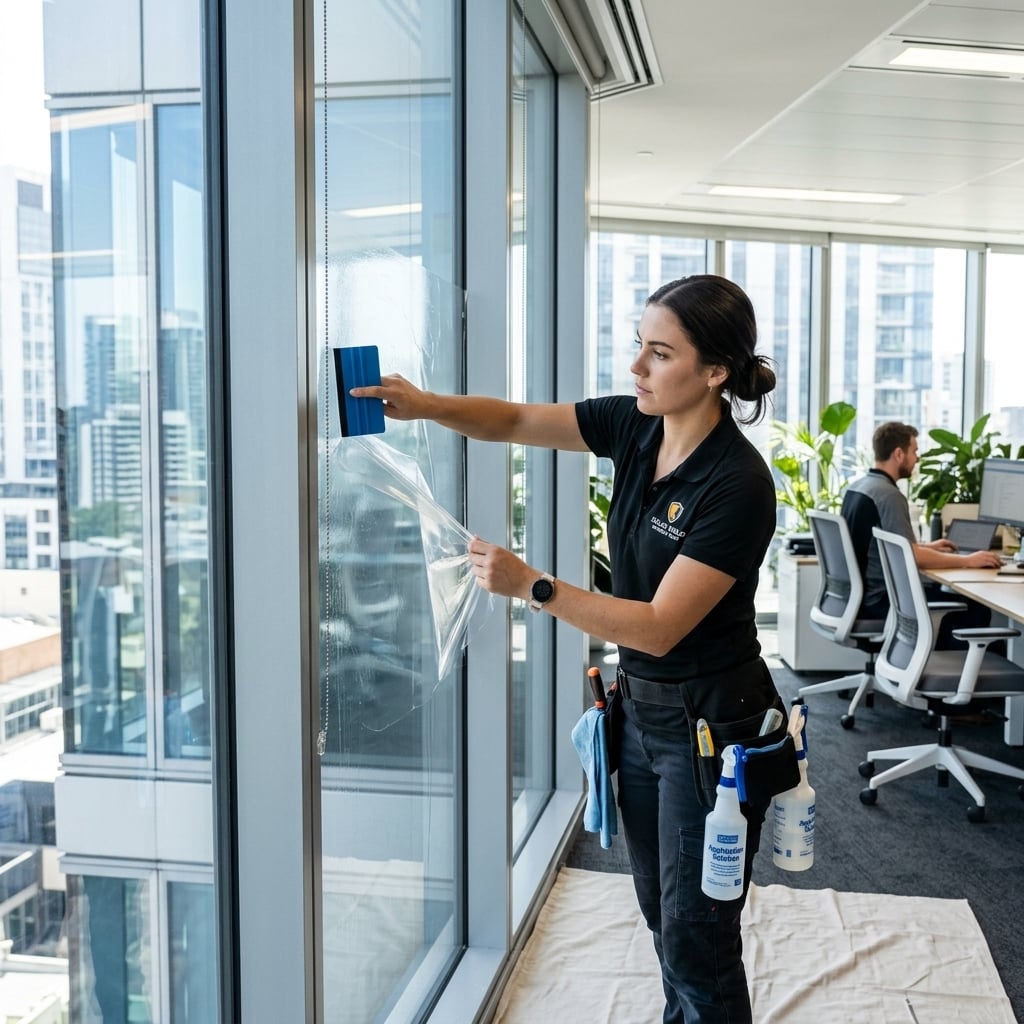 Professional technician installing nano ceramic solar control window film on commercial building glass.