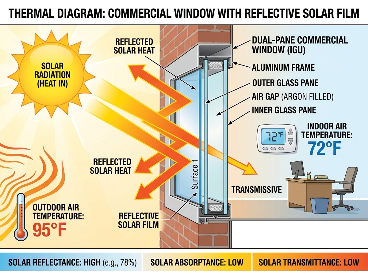 Solar heat radiation bouncing off commercial window film while maintaining cool interior office temperatures at 72°F during 95°F heat.