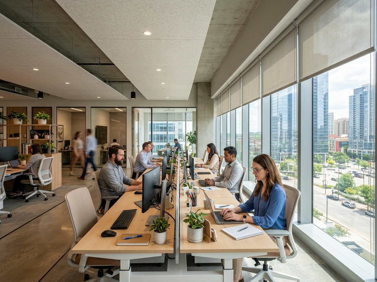 Modern commercial office interior with floor to ceiling windows showing balanced daylight and thermal comfort