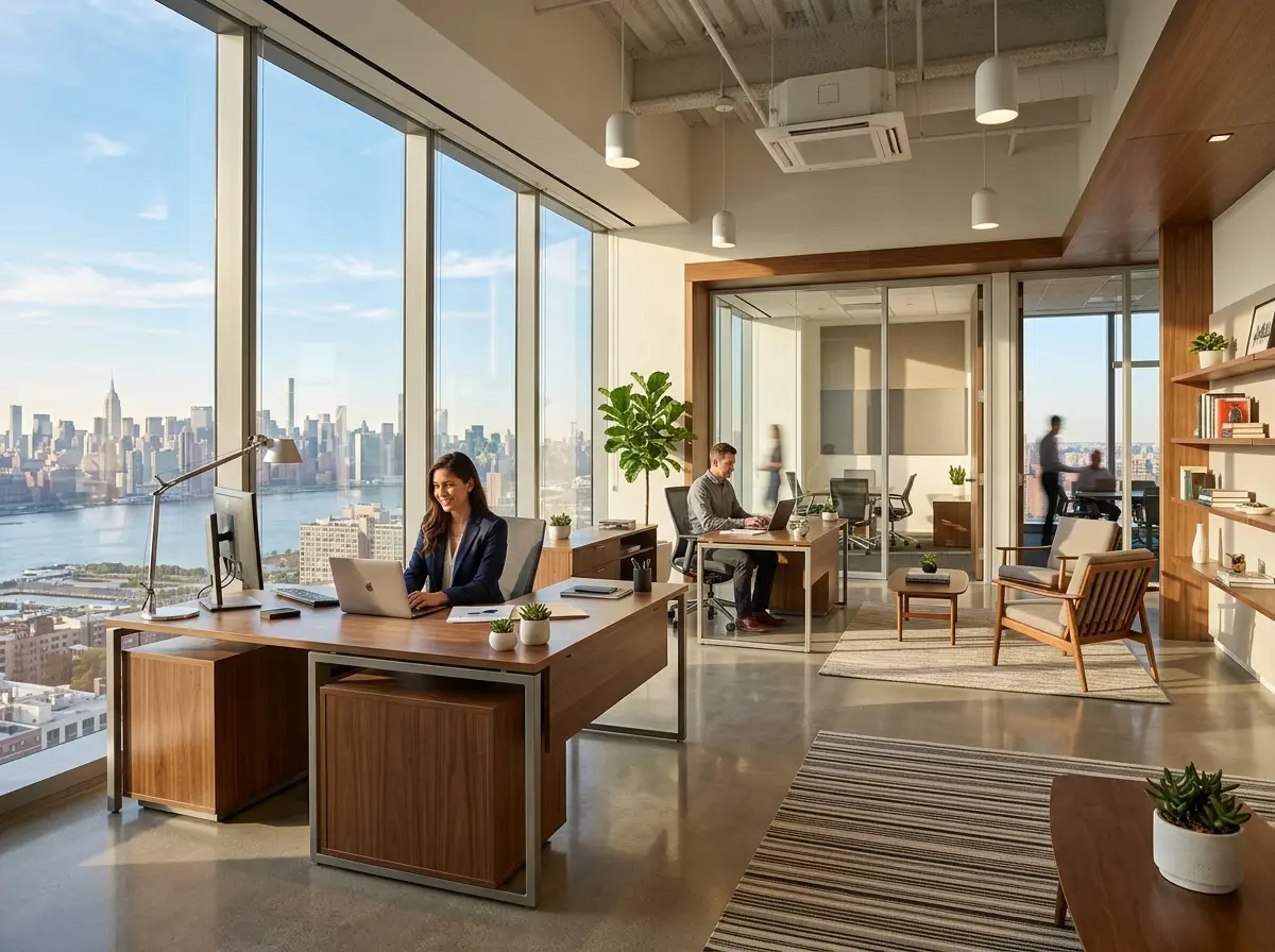 Corporate office perimeter zone next to floor-to-ceiling curtain wall glass windows with afternoon sunlight streaming across workstations.