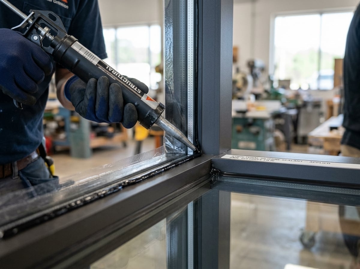 Technician applying structural silicone wet glaze attachment system to commercial security window film