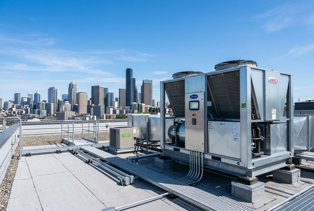 Large rooftop HVAC chiller unit on a commercial property.