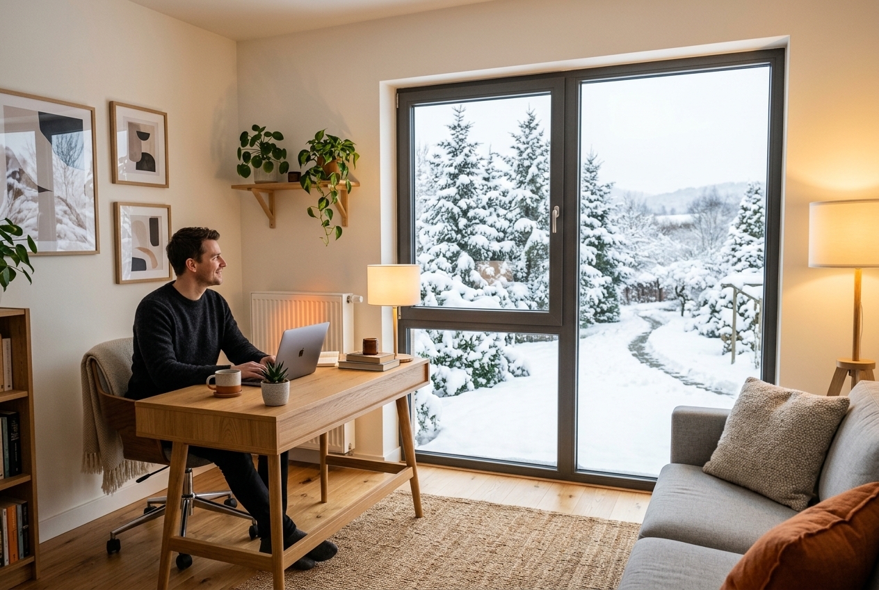 Cozy office interior looking out a large window showing winter landscape.