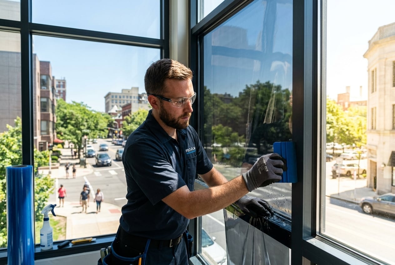 Professional installing solar control window film on commercial glass during summer.