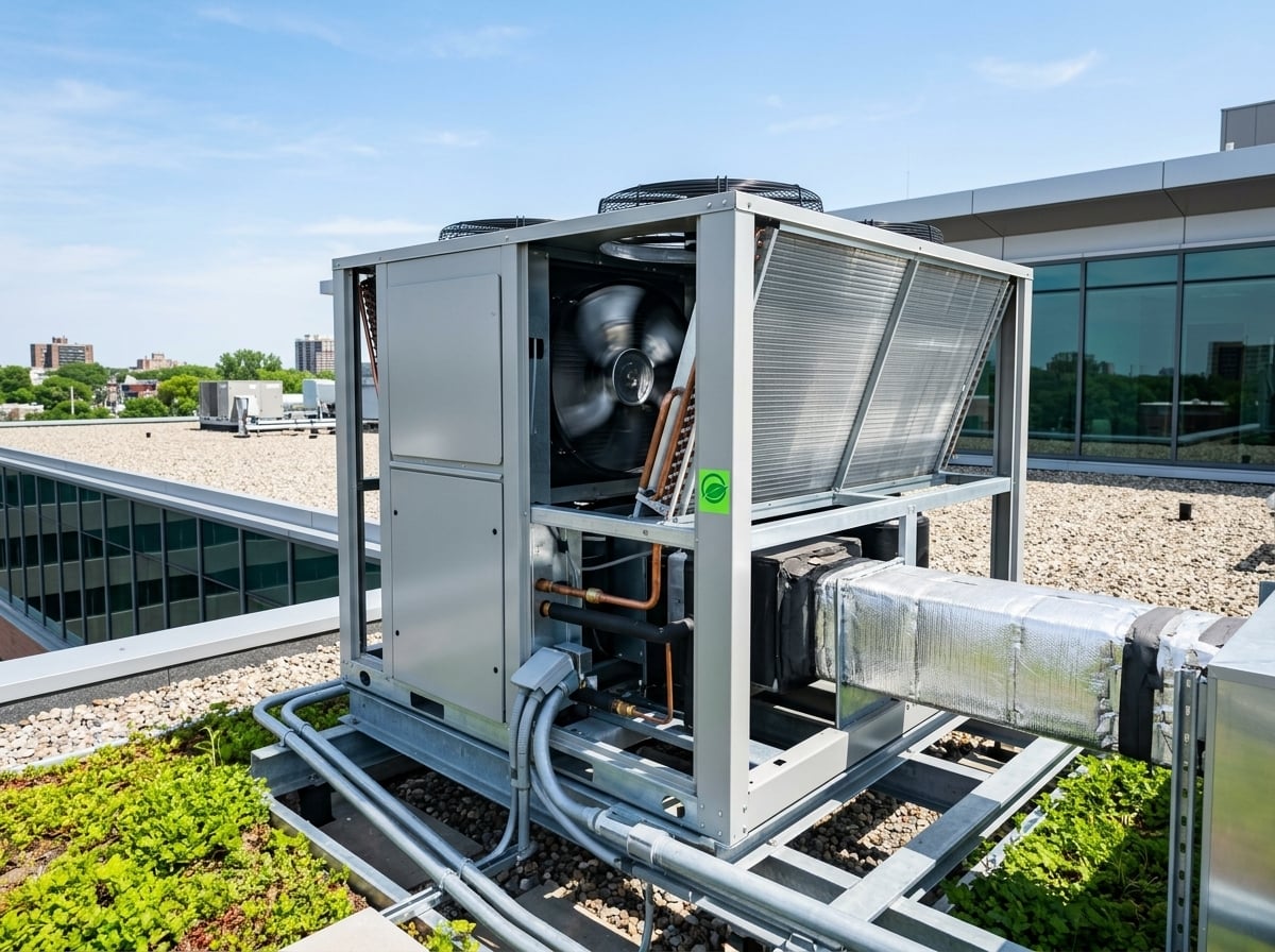 Commercial HVAC unit on rooftop representing energy savings from commercial window tinting.