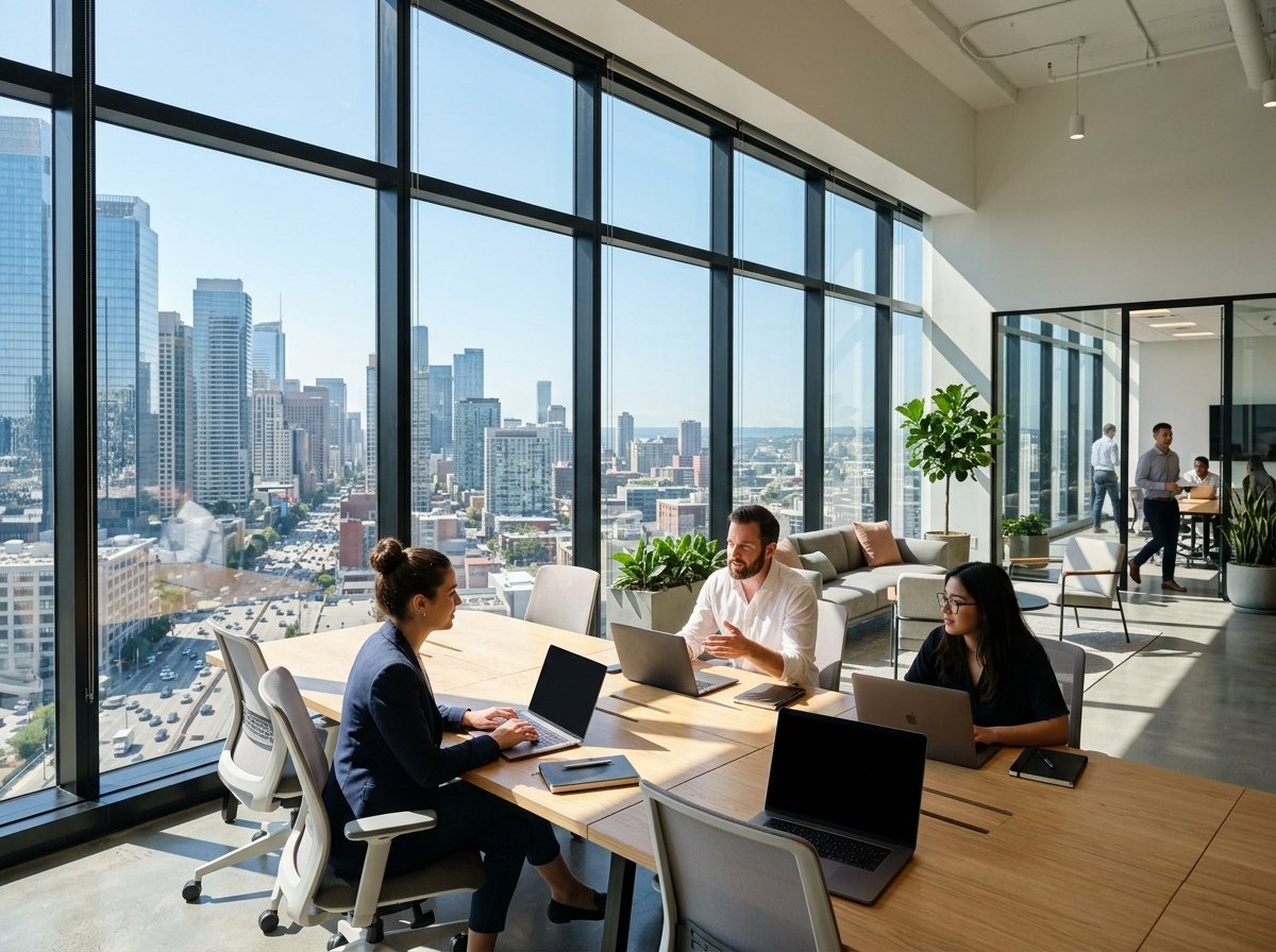 Office interior showing clear view through high-performance ceramic window film blocking solar heat.