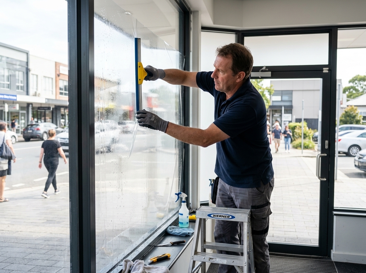 Professional installer applying security window film to a commercial building glass storefront.