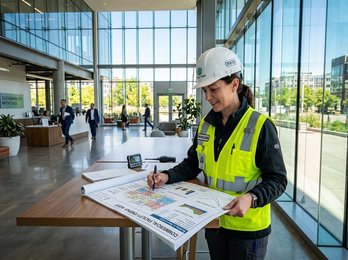 Facility manager inspecting energy efficiency and commercial window film installation
