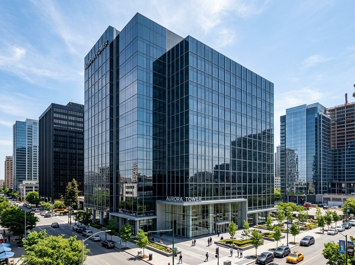High-rise commercial office building with high performance solar control window film