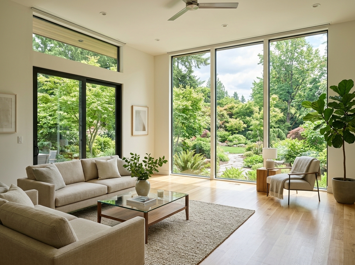 Bright modern sunlit home interior with floor-to-ceiling windows treated with clear spectrally selective window film maintaining natural light.