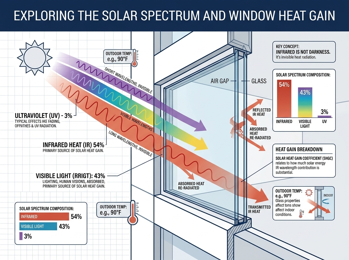 Scientific diagram displaying the solar radiation spectrum showing ultraviolet, visible light, and infrared heat energy striking glass.