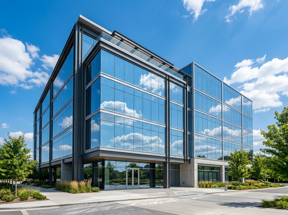 Commercial office building facade featuring silver reflective window film creating sleek mirror-like one-way privacy during daytime.