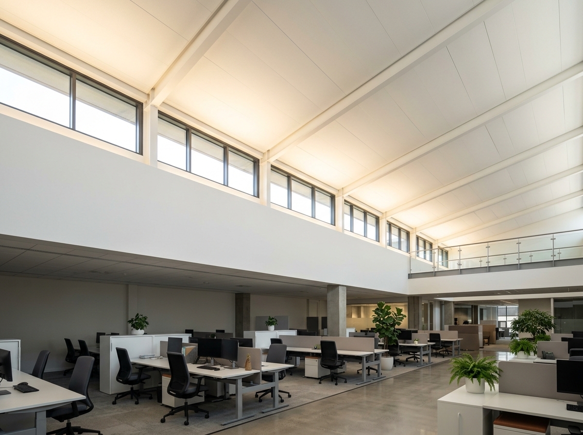 Clerestory office windows with daylight redirecting film installed, bouncing light onto the ceiling.