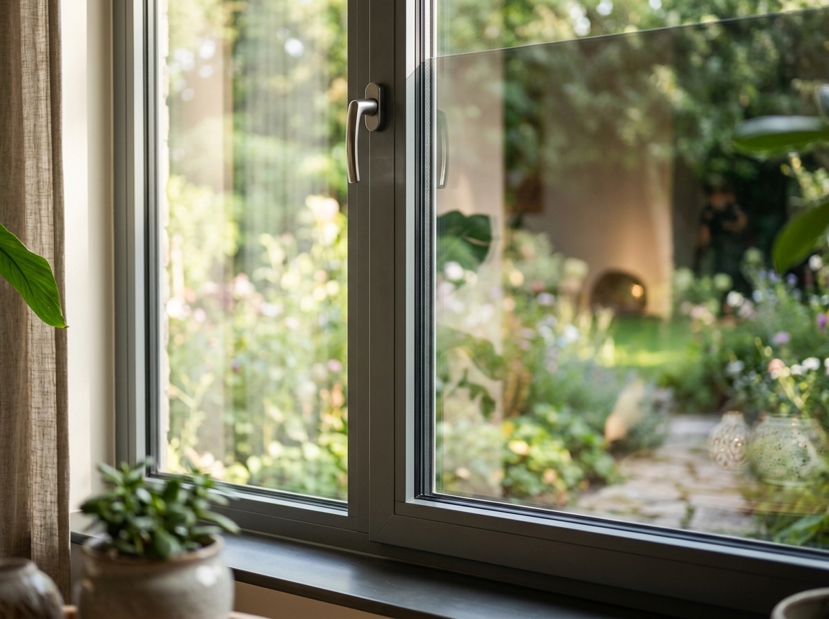 Close-up of a modern double-pane glass window with energy-saving window film installed.